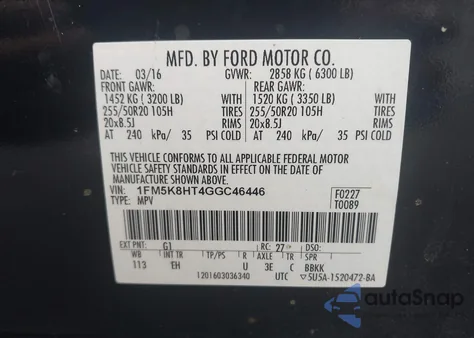 2016 Ford Explorer Platinum z USA, uszkodzony, nr VIN 1FM5K8HT4GGC46446